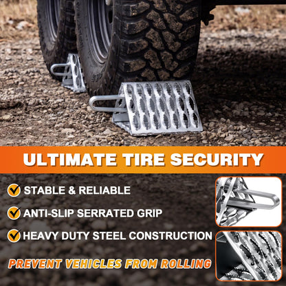 Outus 2 Pack Heavy Duty Galvanized Steel Serrated Wheel Chocks with Built-in Handle, Industrial Anti-Slip Grip for Trailer, Off-Road, Camper, Truck, Rv, Stable Tire Chocks, 9.5" x 9" x 5.7"(Silver)