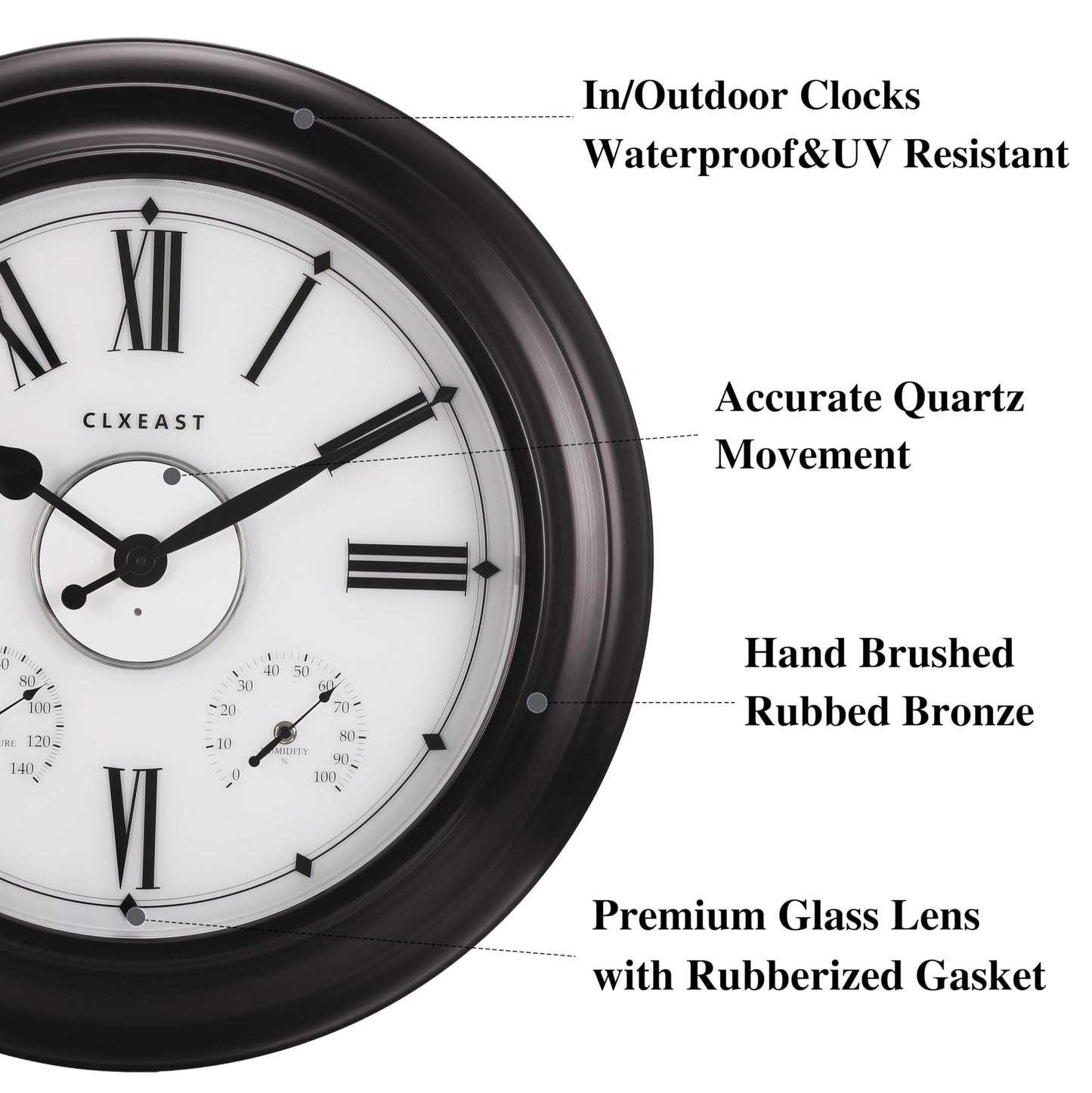 CLXEAST Illuminated Outdoor Indoor Metal Clocks Waterproof 24 inch, Oil Rubbed Bronze Black,Oversized Large Outdoor Roman Numeral Wall Clock with Thermometer & Hygrometer