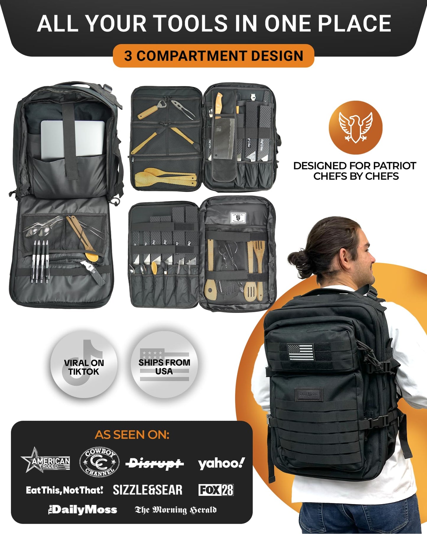 Chef Knife Bag Tactical Backpack XL, 30+ Pocket Knife Carrying Case for Chefs and Culinary Tools, Patented Retention Panels with Hook-and-Loop System, YKK Zippers, Fits 12in Knives