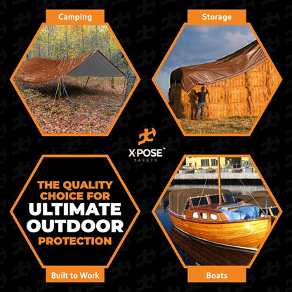 Xpose Safety 15' x 15' Brown/White Ultra Heavy Duty Tarp - 20 Mil - Heavy Duty Waterproof - Extra Large Tarp,Waterproof Tarp Cover Rain Camping,Tent Tarp,UV Protection,Reinforced Corners