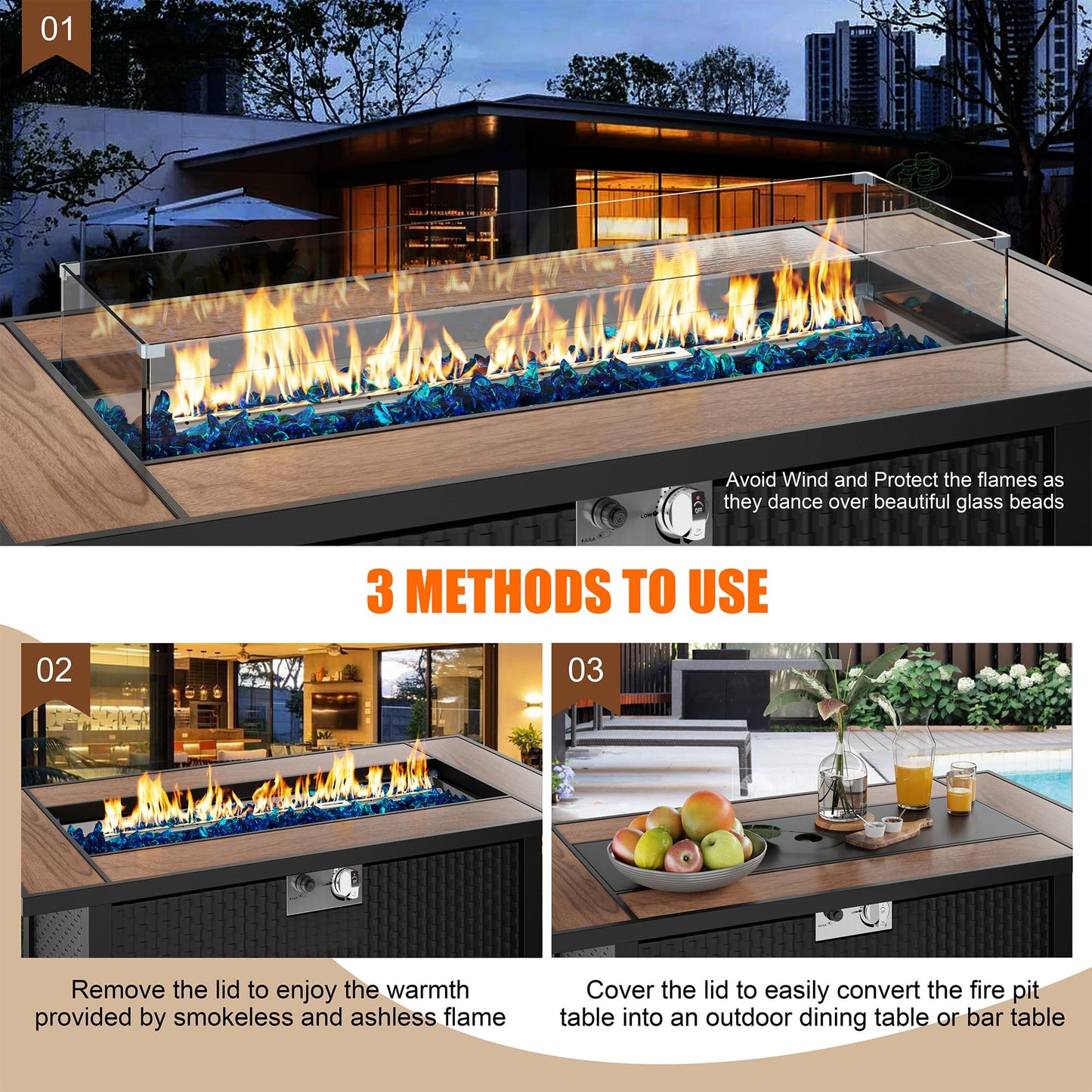 45 inch Propane Fire Pit Table, 50,000 BTU Outdoor Gas Fire Pit Table with Lid, Glass Wind Guard, Waterproof Cover, Rectangle Gas Firepit Table for Garden/Patio(Walunt)