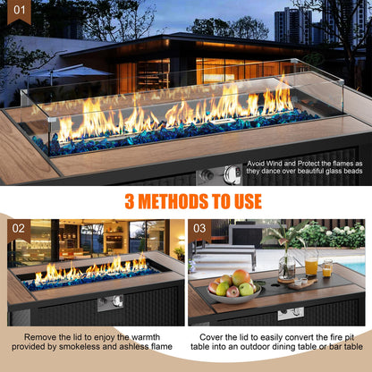 45 inch Propane Fire Pit Table, 50,000 BTU Outdoor Gas Fire Pit Table with Lid, Glass Wind Guard, Waterproof Cover, Rectangle Gas Firepit Table for Garden/Patio(Walunt)