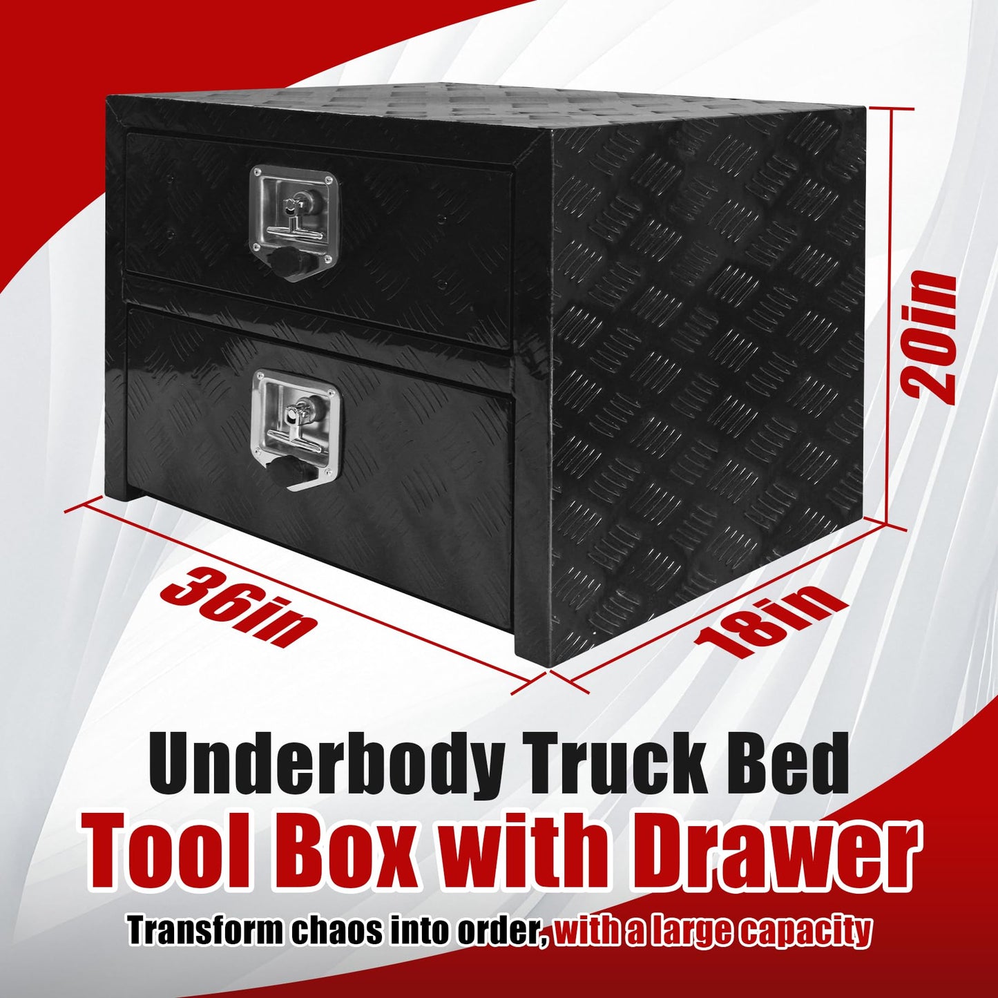 Underbody Truck Tool Box 36"x 18"x 20" Heavy Duty Double-Layer Aluminum Truck Bed Toolbox with Drawer and Lower Door Tools Storage Organizer with Lock and Keys Suitable for Truck Bed Pickup RV Trailer