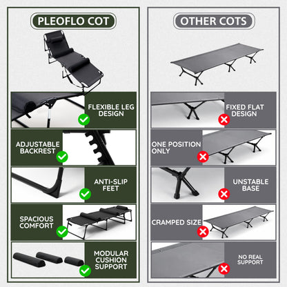 PLEOFLO Outdoor Lounge Chair | Extra Large Portable cot incl Leg Raising adjustability | Easy Setup & Takedown | Supports Adults up to 300 lb | Ideal for Camping Patio, Balcony, Beach & More