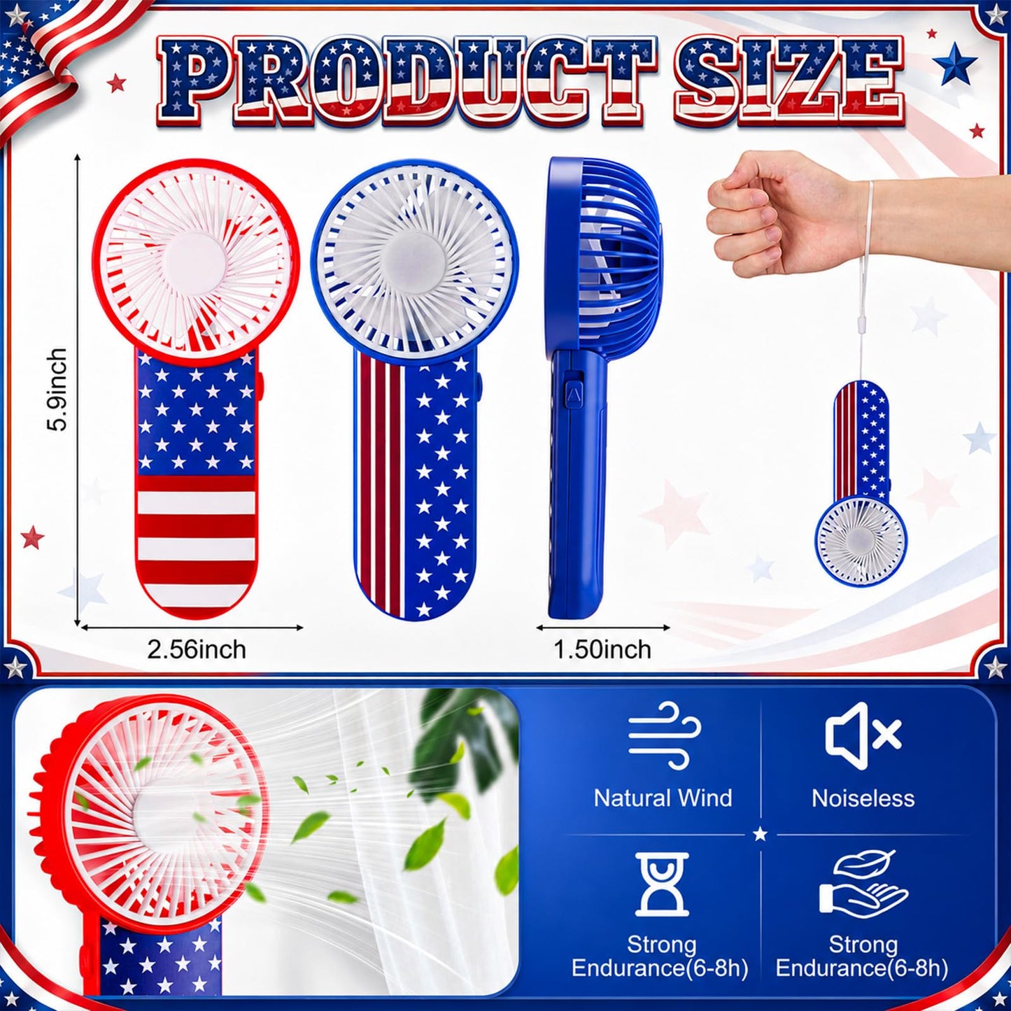 VIHOSE 50 Pcs Independence Day Mini Handheld Electric Fans Bulk Portable Handheld Fans Battery Powered for 4th of July Outdoor Summer Travel Beach Cooling Gifts