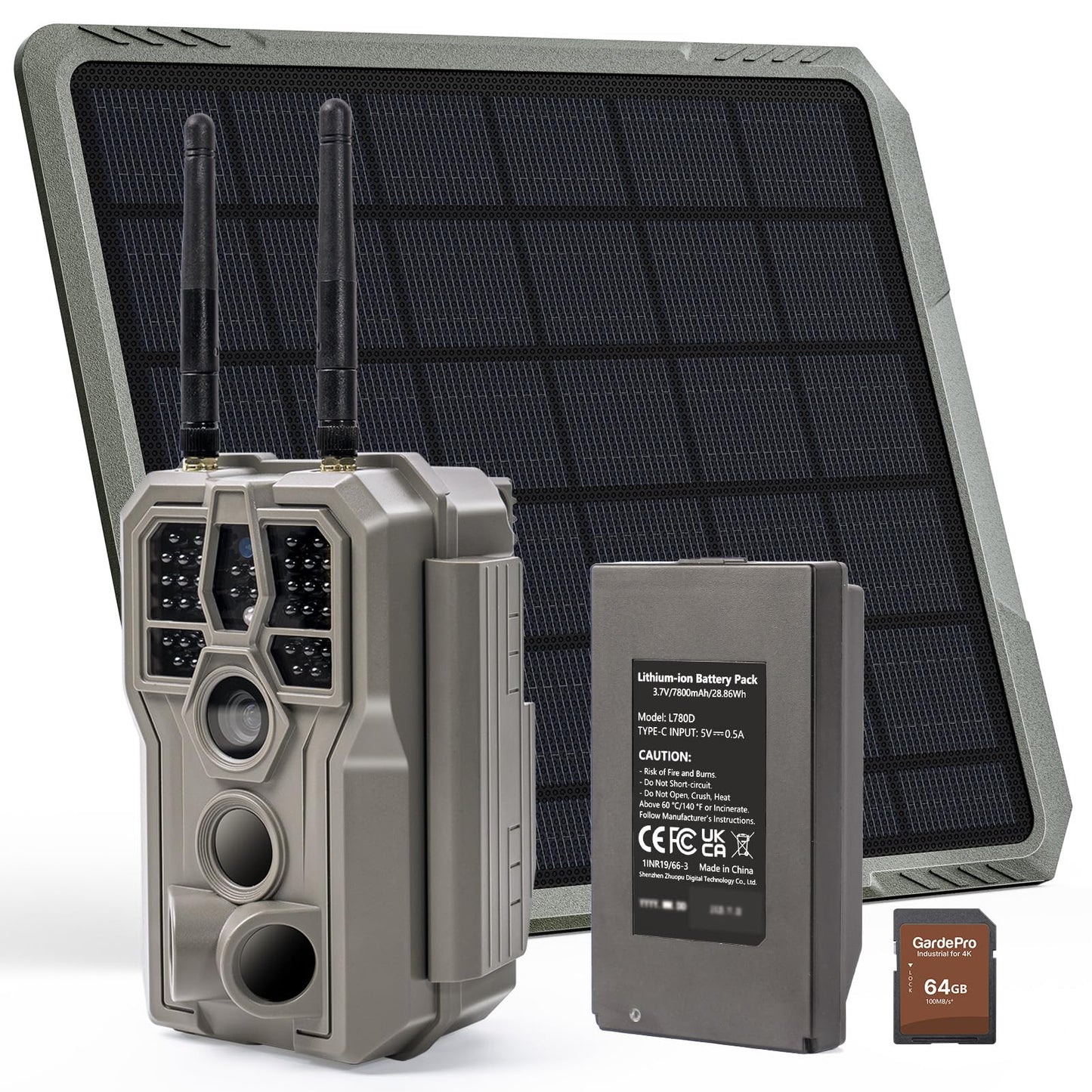 GardePro E8 2.0 Pro WiFi Trail Camera (Non-Cellular) with 10W Solar Panel SP1000, 4K Ultra HD & 64MP, Dual Antennas, 165ft Long-Range WiFi, 7800mAh Battery + 64GB SD Card, Motion Detection