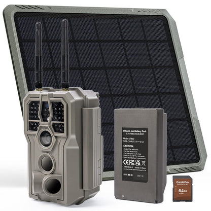 GardePro E8 2.0 Pro WiFi Trail Camera (Non-Cellular) with 10W Solar Panel SP1000, 4K Ultra HD & 64MP, Dual Antennas, 165ft Long-Range WiFi, 7800mAh Battery + 64GB SD Card, Motion Detection