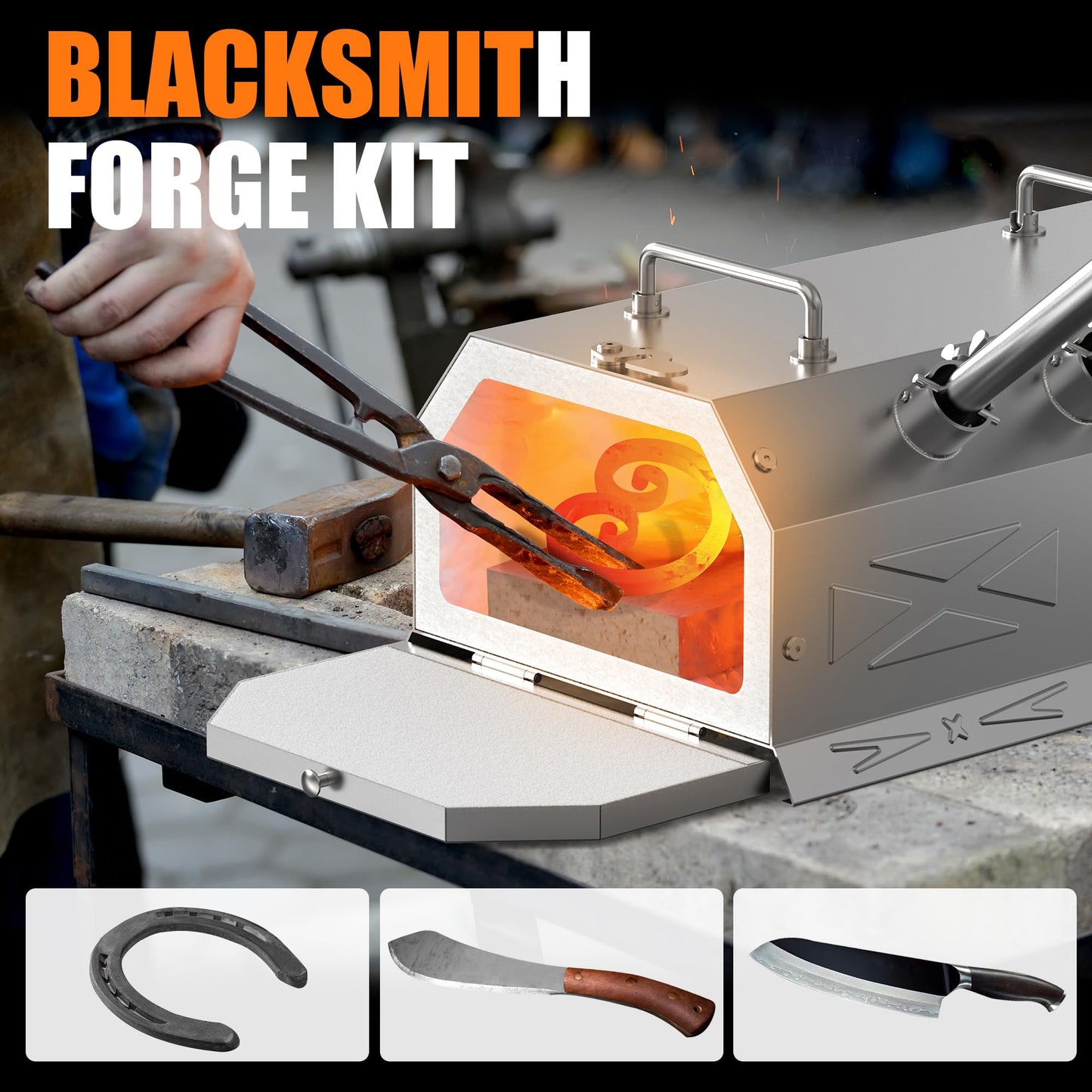 Nelyrho Portable Blacksmith Beginner Forge Kit with 30PSI Regulator, 3 Burner Professional Artists Hobby Knife Making Blacksmith Tools (Triple Burners)