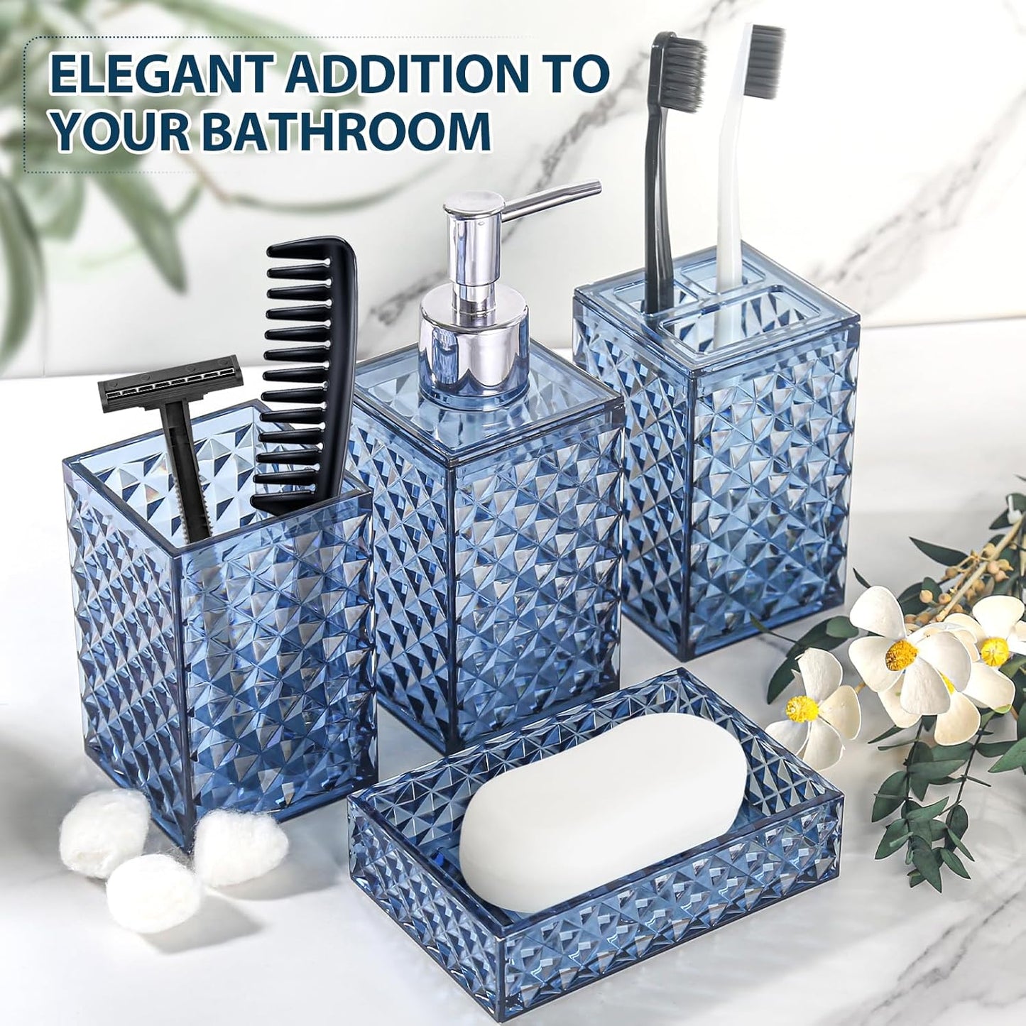 RYTOXILO Bathroom Accessories Set - 4 Pack Blue Acrylic Bath Essentials | Diamond Soap Dispenser & Toothbrush Holder