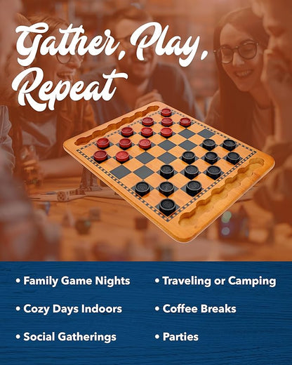 WE Games Solid Wood Checkers Board Game – 14.5-Inch Vintage Checkers Set with Inset Grooves &amp 24 Red &amp Black Board Game Pieces – Fun Family Table Game