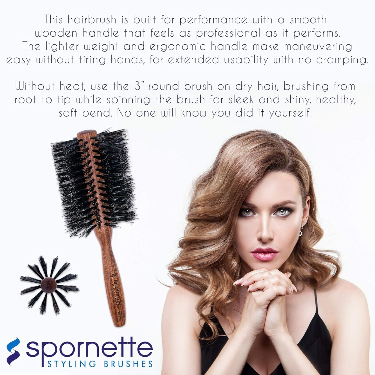 Spornette Italian Rounder Boar Bristle Round Hair Brush for Women & Men - Large Round Brush for Blow Drying, Styling & Volumizing - Wooden Brush for Medium to Long Thick, Fine, Curly or Straight Hair