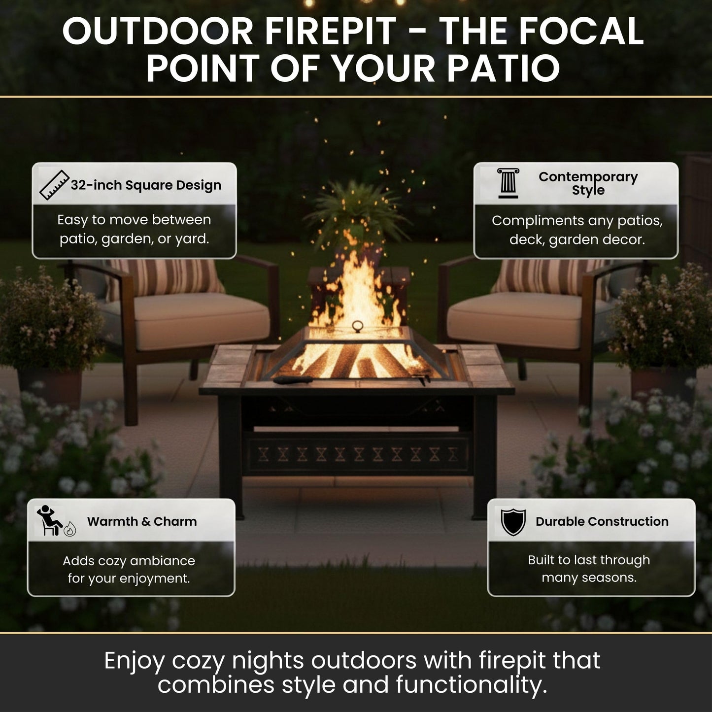 Fire Pit - 32-Inch Outdoor Firepit Table with Screen, Cover, and Poker - Outdoor Fire Pits for Backyard, Deck, Patio, or Porch by Pure Garden (Bronze)