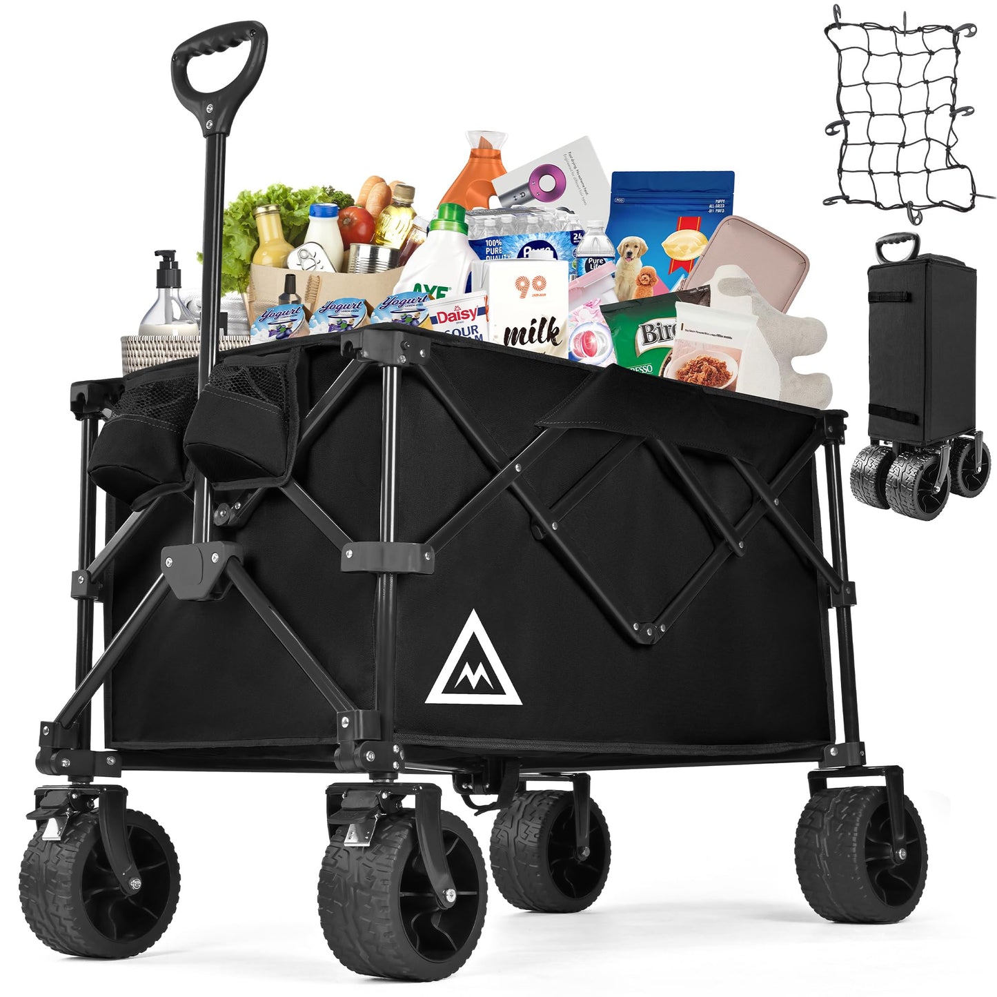 Wagon Cart Shopping Cart Large Capacity Collapsible Wagon with Wheels On Beach Garden Outdoor Utility Carts for Grocery All Terrain Portable Wagons Carts for Groceries Sand Camping Sports Black
