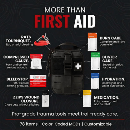 My Medic Sidekick Pro - Camping Hiking and Backpacking First Aid Kit - 70 Items with Tourniquet - HSA and FSA Eligible - Small Ifak Great for Travel or Motorcycle - Portable Emergency Kit – Black