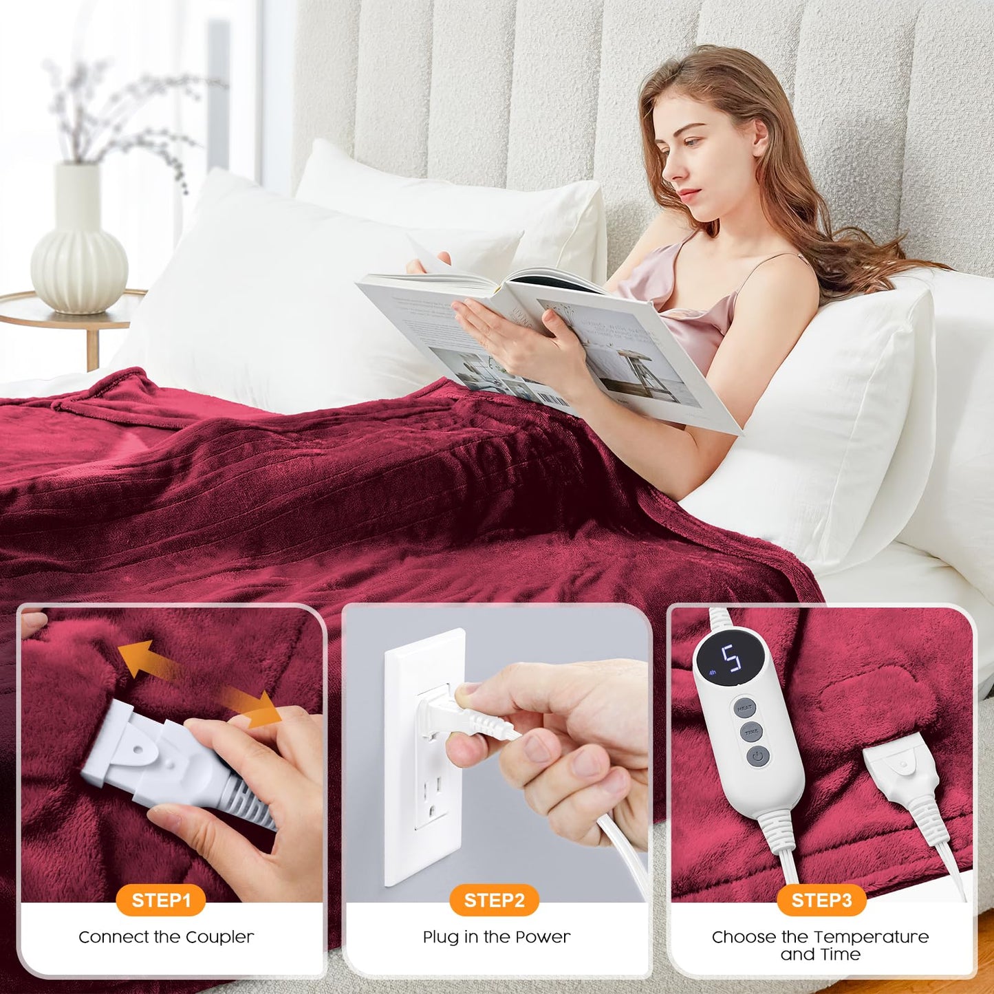 HYLEORY Heated Electric Blanket Throw, 2-Layer Cozy Warm Flannel 50" x 60", Heating Blanket with 9 Heating Levels, 2/4/6/10 Hours Auto Off, Fast Heating Winter Blanket, Dark Grey