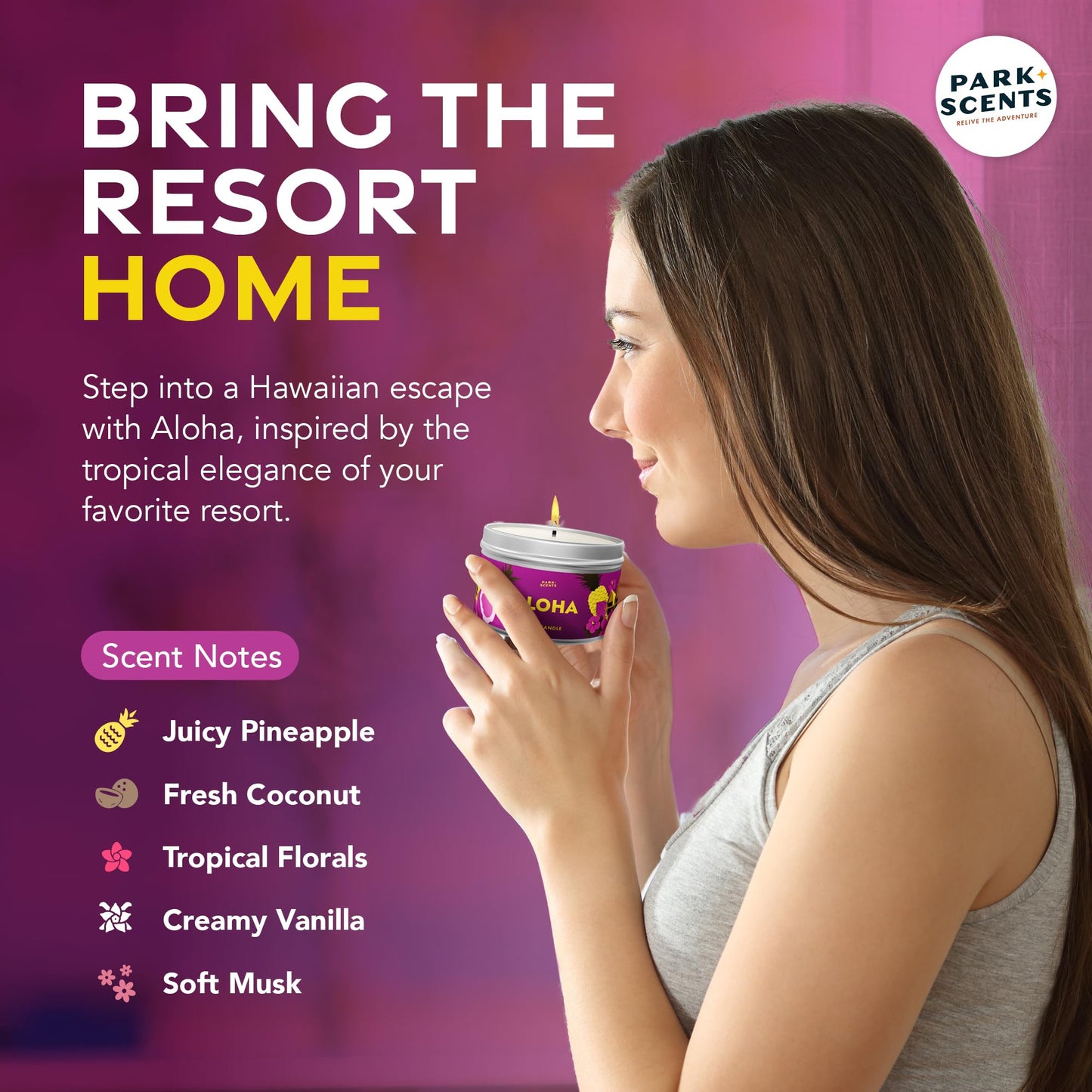 Park Scents Aloha Candle - Authentic Smell of The Hawaiian Aulani Resort Hotel Lobby - Soft Fruity Notes of Pineapple & Coconut - Handmade in The USA - Natural Soy Blend | 8 oz. Tin
