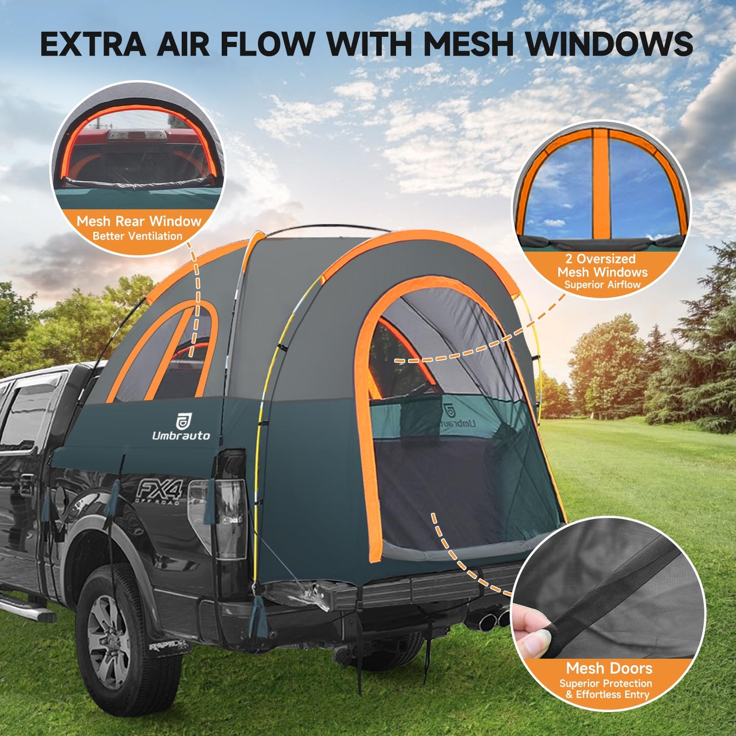 Truck Bed Tent 6.4' ~ 6.7' Easy Set Up Umburato Pickup Truck Tents for Camping, Waterproof PU3000mm Canopy for Truck Camper, Portable, Spacious for 2 Person Green