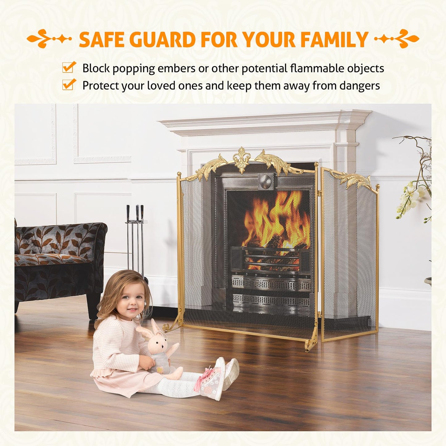 WICHEMI Fireplace Screen 3 Panel Folding Fireplace Screens 50.4 x 32.3 Inch Metal Furnace Fireguards Mesh Cover Baby Safe Proof Fence Spark Guard Cover Wrought Iron Fire Place Standing Gate (Golden)