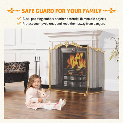 WICHEMI Fireplace Screen 3 Panel Folding Fireplace Screens 50.4 x 32.3 Inch Metal Furnace Fireguards Mesh Cover Baby Safe Proof Fence Spark Guard Cover Wrought Iron Fire Place Standing Gate (Golden)