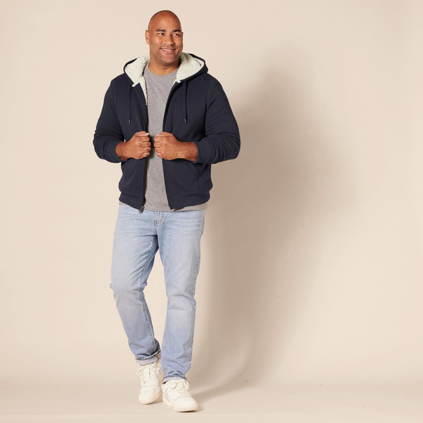 Amazon Essentials Hoodie For Men, Sherpa-Lined Full-Zip Fleece Sweatshirt, Large, Navy