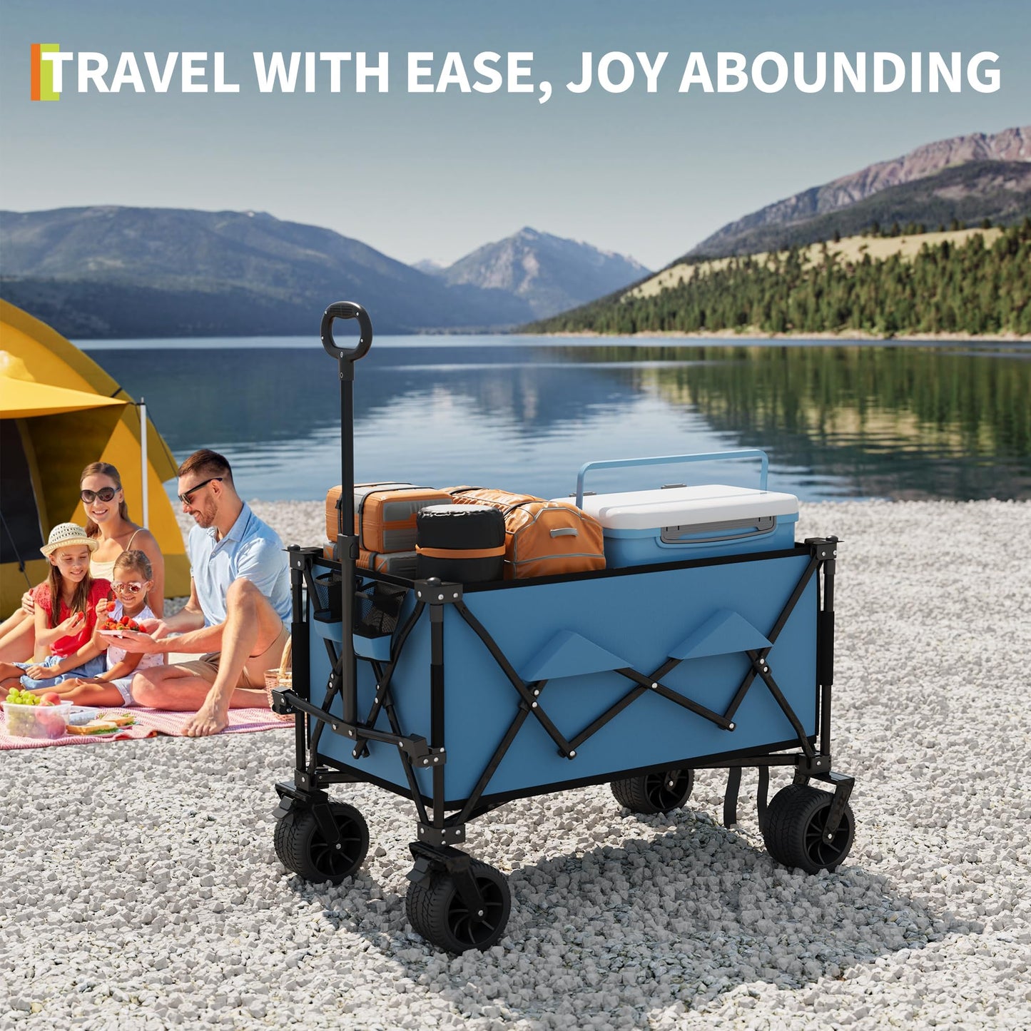 Collapsible Wagons Carts with Wheels, 350 LB Capacity & 280 L, Foldable Portable Camping Wagon with Flexible Handle & Cup Holders, Heavy Duty Grocery Cart for Beach Shopping Garden, Blue