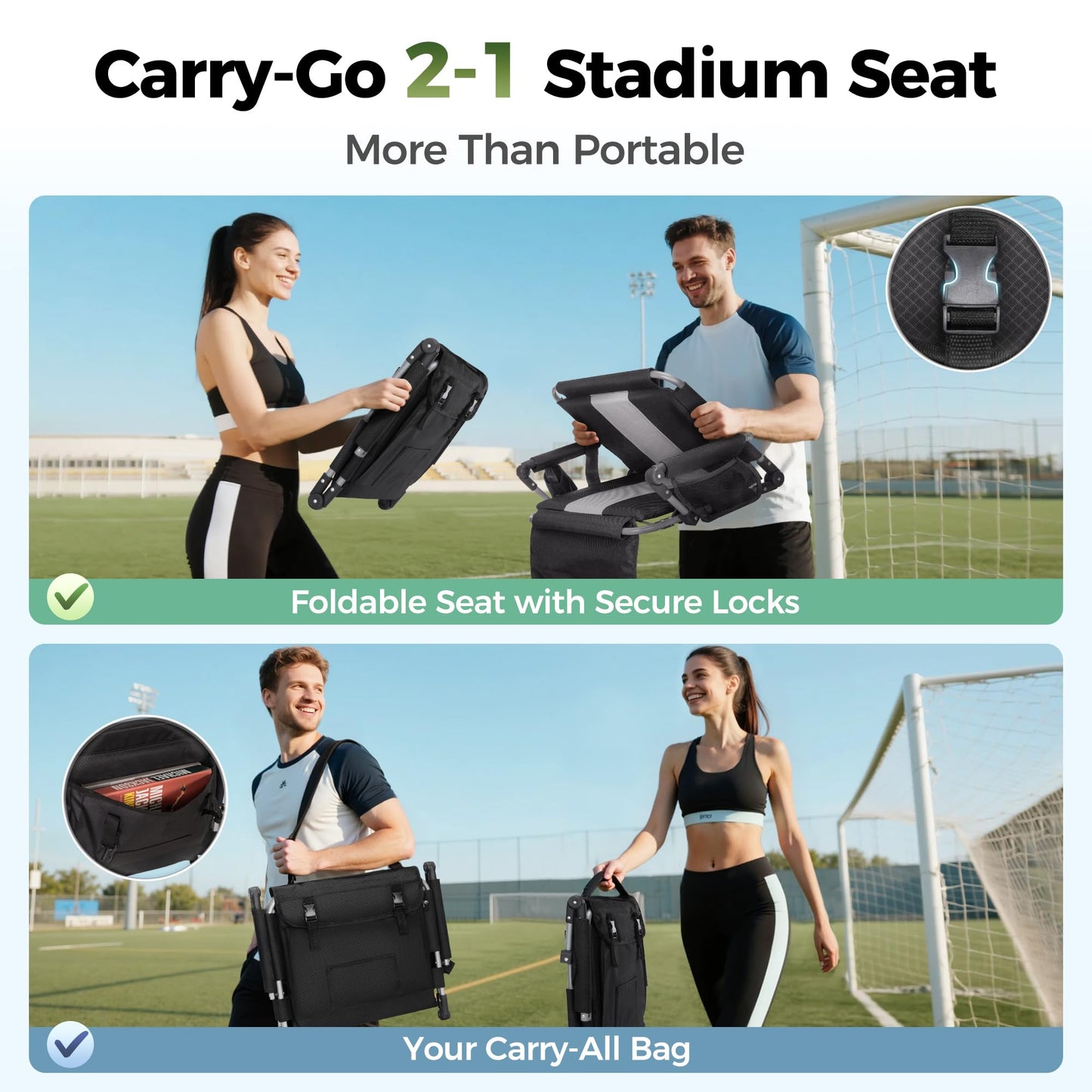 ALPHA CAMP Stadium Seats for Bleachers with Armrests - Thick Padded Bleacher Chairs with Back Support, Extra Wide Stadium Chair for Sports Events, Portable with Shoulder Straps & Pockets,2PC