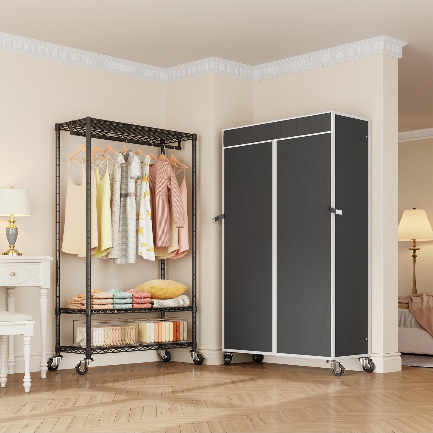 Higeego H4 Clothing Rack with Cover, Rolling Heavy Duty Clothes Rack, Garment Rack on Wheels, Portable Closet for Hanging Clothes, Black Clost Rack with Black Fabric Cover, Max Load 380LBS