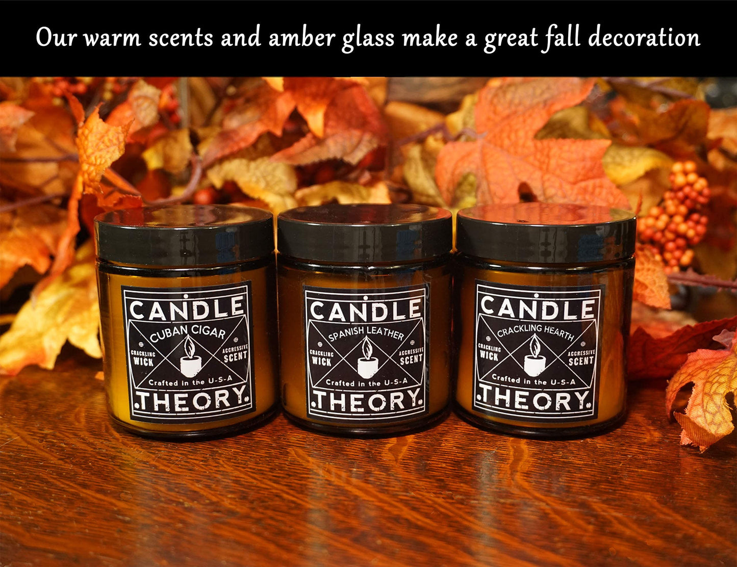 Scented Candle Gift Set of 3, 4oz Candles, Crackling Wood Wick Candled for Home, 3 Scents Cuban Cigar, Spanish Leather, Crackling Hearth, Mens Candle Bachelor Pad Decor Man Cave Decor