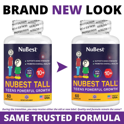 NuBest Tall 10+ Premium Bone Strength Formula, Enhanced Immunity and Overall Health for Age 10+ with Calcium, Vitamin D3, Vitamin K2, and Multivitamins | 60 Capsules | 1 Month Supply
