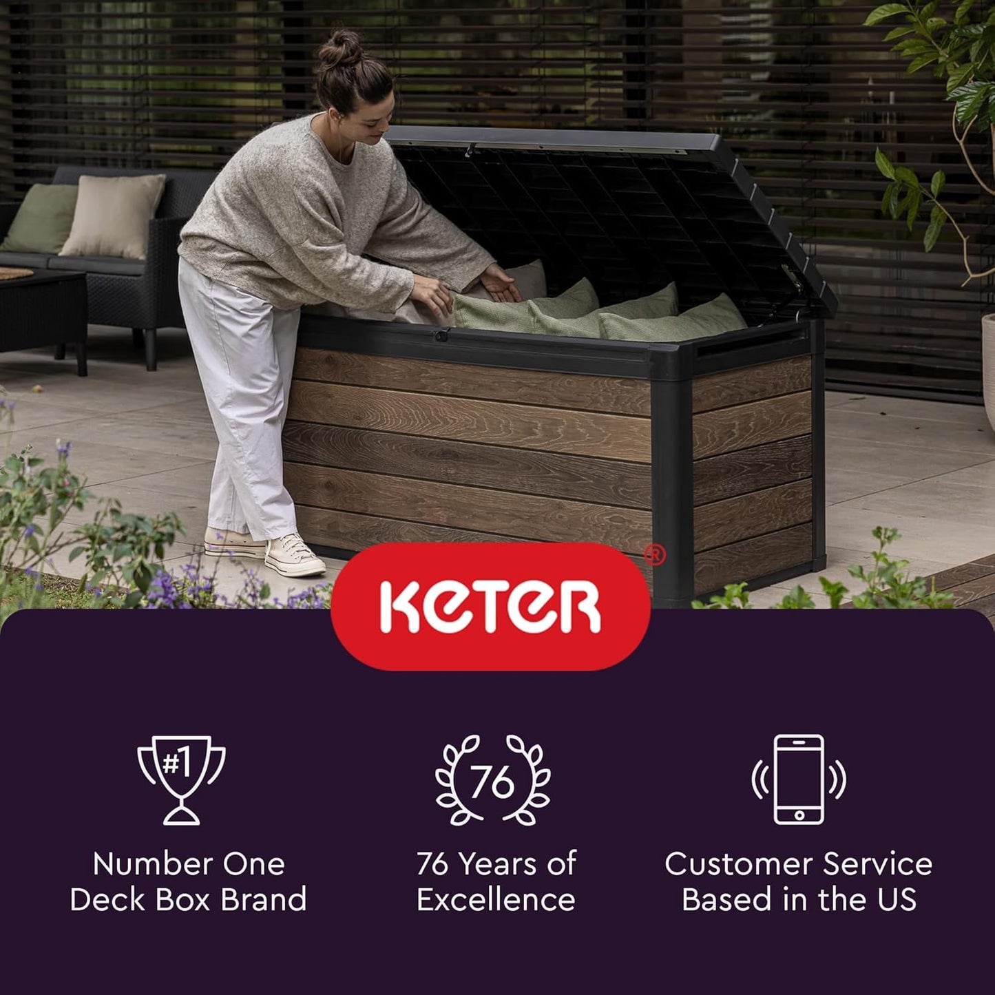 Keter Kentwood 50 Gallon Resin Deck Box - Stylish Outdoor Storage for Cushions & Garden Tools | Brown