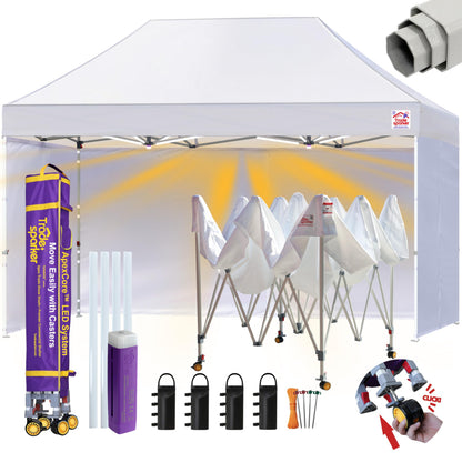 Tradesparker Pop Up Tent,Commercial Movable Canopy with ApexCore LED&Rugged Casters-Instant Easy Setup Shelter Canopies with Weight Bags&Stakes for Outdoor Events(10x15, with 4 Sidewalls, White)