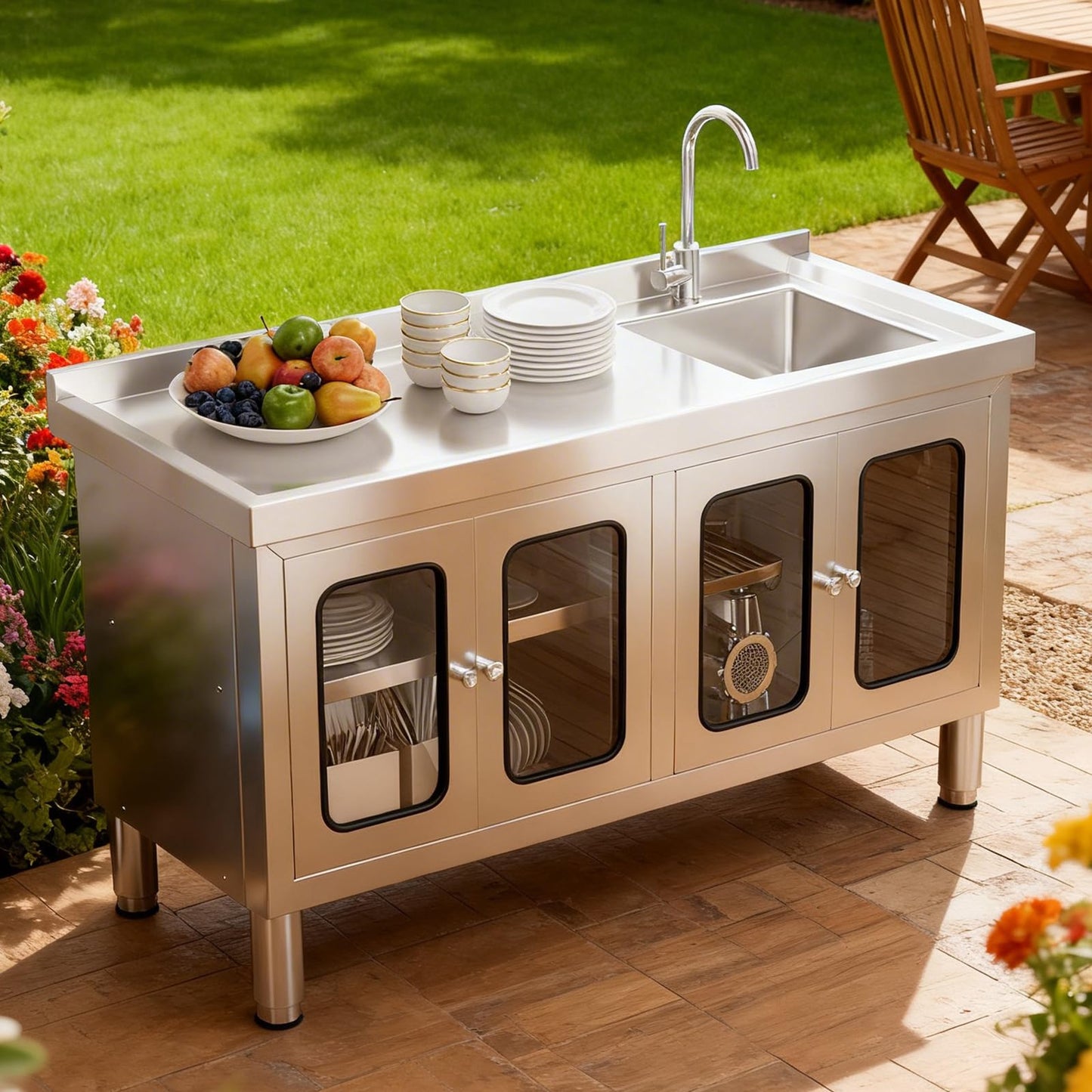 59" Stainless Steel Sink with Cabinet, Utility Sink with 304 Stainless Steel Worktop and 4 Transparent Doors, Commercial Kitchen Sink for Outdoor Restaurant Cafe Garage and Laundry Room