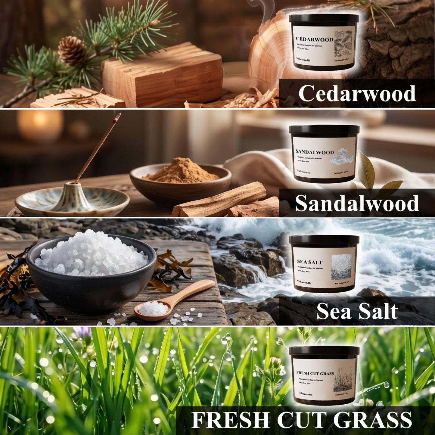 VOHO Wickless Candles for Candle Warmer Lamp, Set of 4 Scented Candles for Men Fathers Day Birthday Christmas Valentines Gifts, 26oz Soy Candle Sets for Candle Warmer(Cedar/Sandalwood/Sea Salt/Grass)