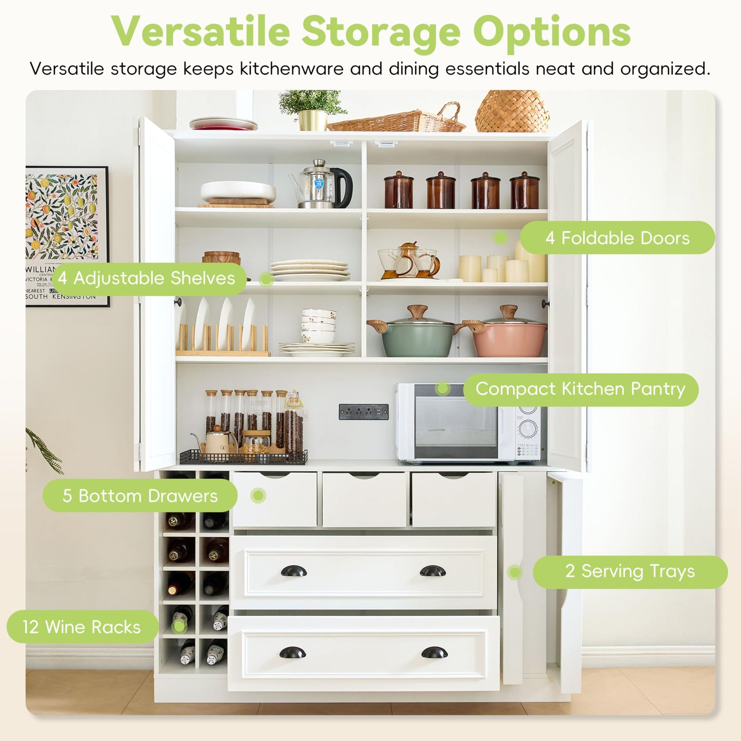 Merax Farmhouse 71" Large Kitchen Pantry Cabinet with Power Outlet, 53.2" Wide Storage Cupboard with 4 Foldable Doors, Adjustable Shelves, Wine Racks & Serving Trays, for Dining Room, White