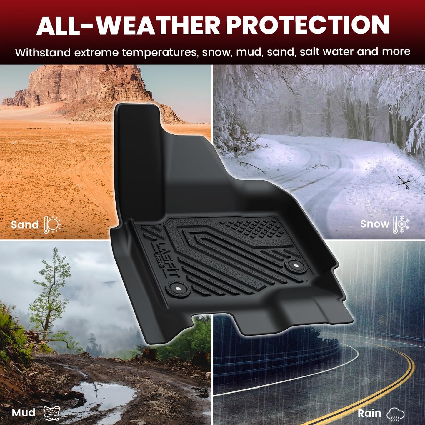 LASFIT Floor Mats for 2025 2026 2027 Ford Expedition 7 Seats Max(Not Fit 8 Seats Standard), All Weather Protector TPE Easy Clean Car Floor Liner, 1st & 2nd & 3rd Row, 4pcs Black
