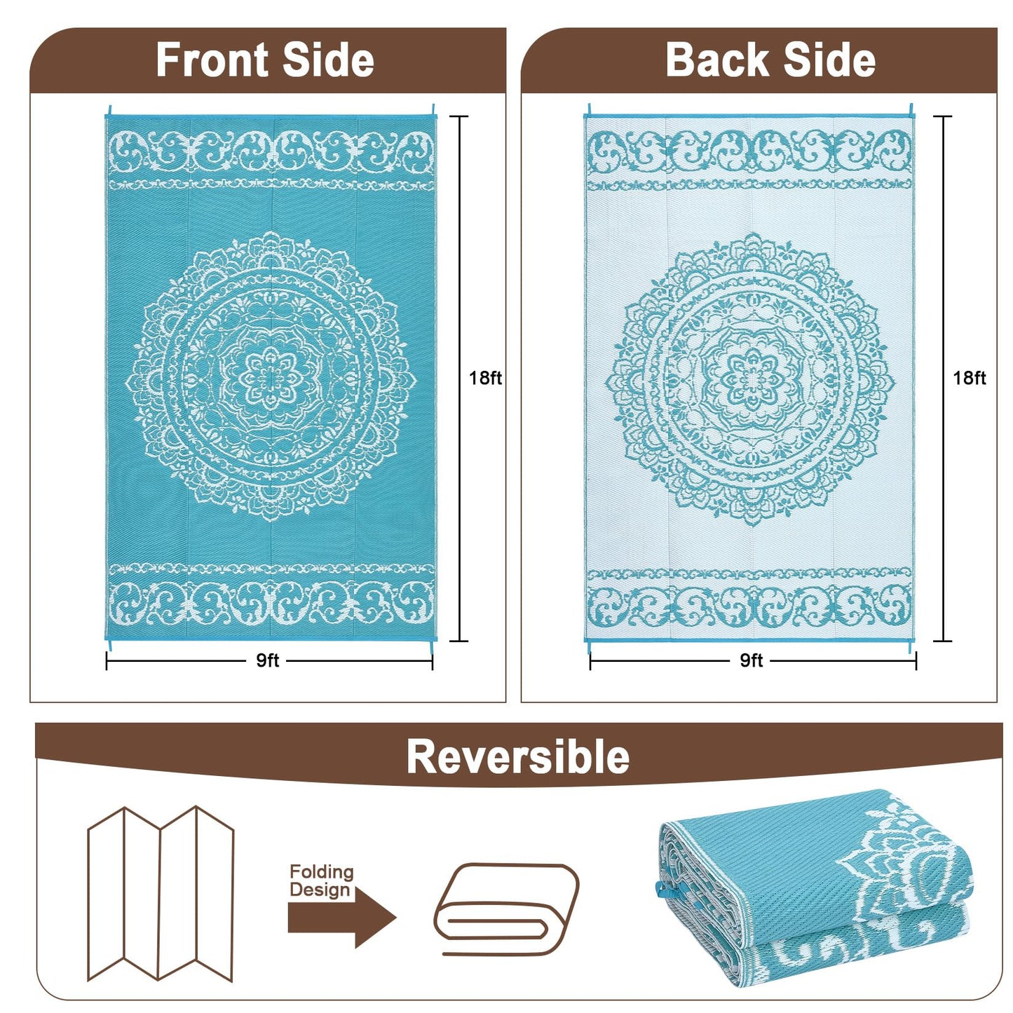GlowSol Outdoor Rug 9x18 ft, Reversible Waterproof Outdoor Plastic Straw Rug, Oriental Medallion Patio Rug, Large Outdoor Carpet, RV Mat Outside for Patio, Camp, Picnic, Balcony, Deck, Backyard,Blue