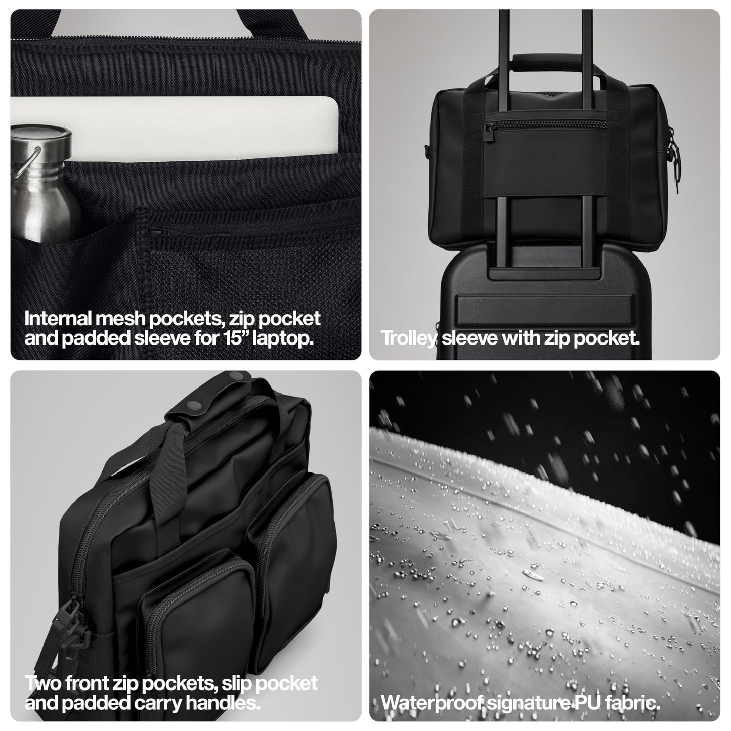 RAINS Texel Tech Bag - Black Waterproof Water Resistant Water Repellent Laptop Bag Unisex Commuter Travel Case 15" Computer Sleeve Tech Organizer - 2 Year Warranty