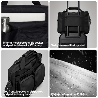 RAINS Texel Tech Bag - Black Waterproof Water Resistant Water Repellent Laptop Bag Unisex Commuter Travel Case 15" Computer Sleeve Tech Organizer - 2 Year Warranty