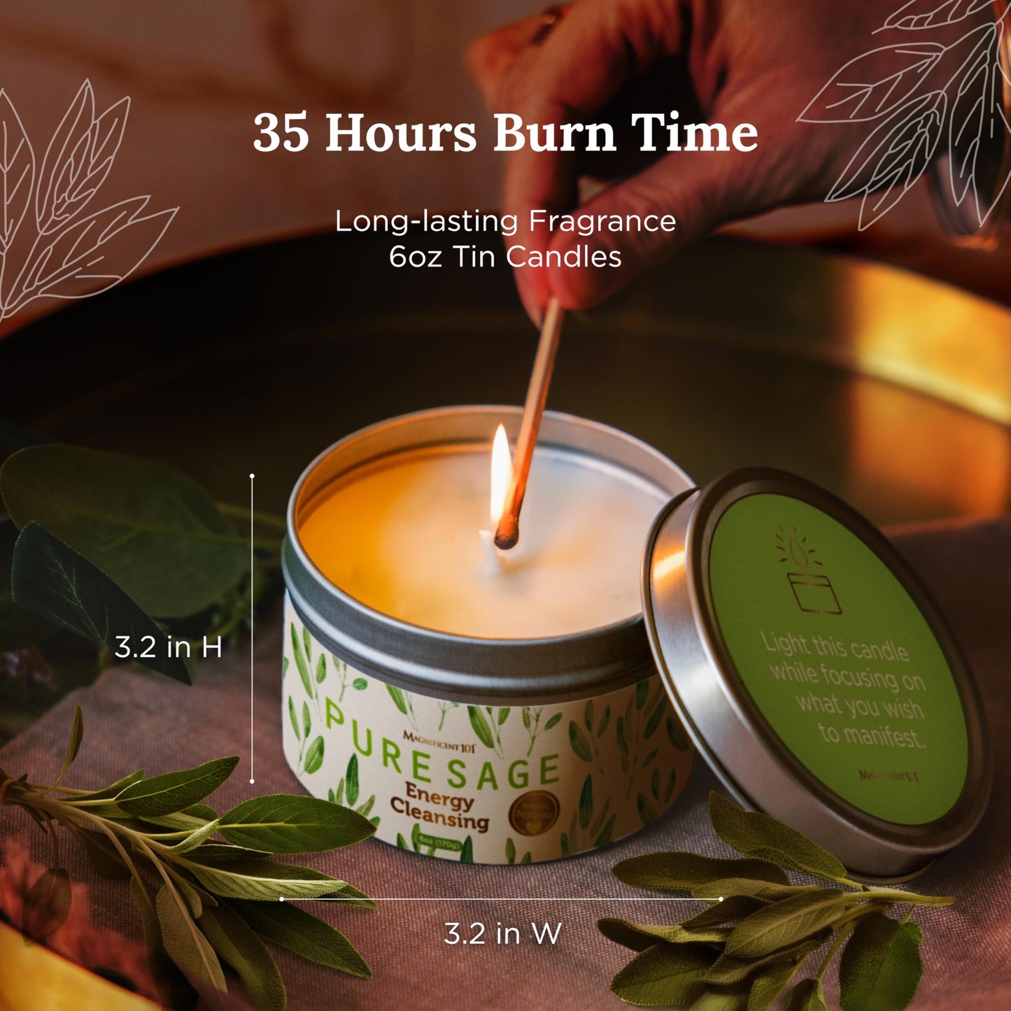 Magnificent 101 Long Lasting Pure White Sage Candle - 6 Oz - 35 Hour Burn Time - Organic, All Natural, Soy Candle to Cleanse Your Home & Calm, Soothe, Use with Sage Smudge Kit - Spiritual