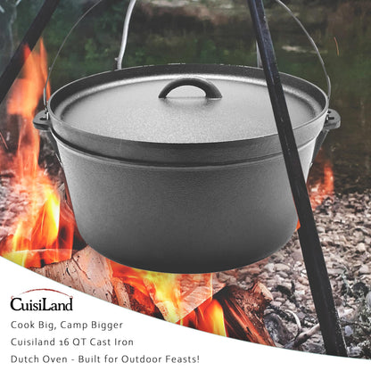 Cuisiland 16QT Cast Iron Dutch Oven with Lip Lid & Bail Handle – Extra Large Pre-Seasoned Campfire Pot for Outdoor Cooking, Roasting, Baking & Stews – Heavy-Duty Camping Cookware for Even Heat