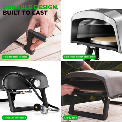 NutriChef Outdoor Pizza Oven with 360° Rotating Pizza Stone | Cooks 12" Pizza in 60 seconds | Adjustable Heat Control Dial, Includes Pizza Peel, Stone & Regulator with Hose | Short Handle