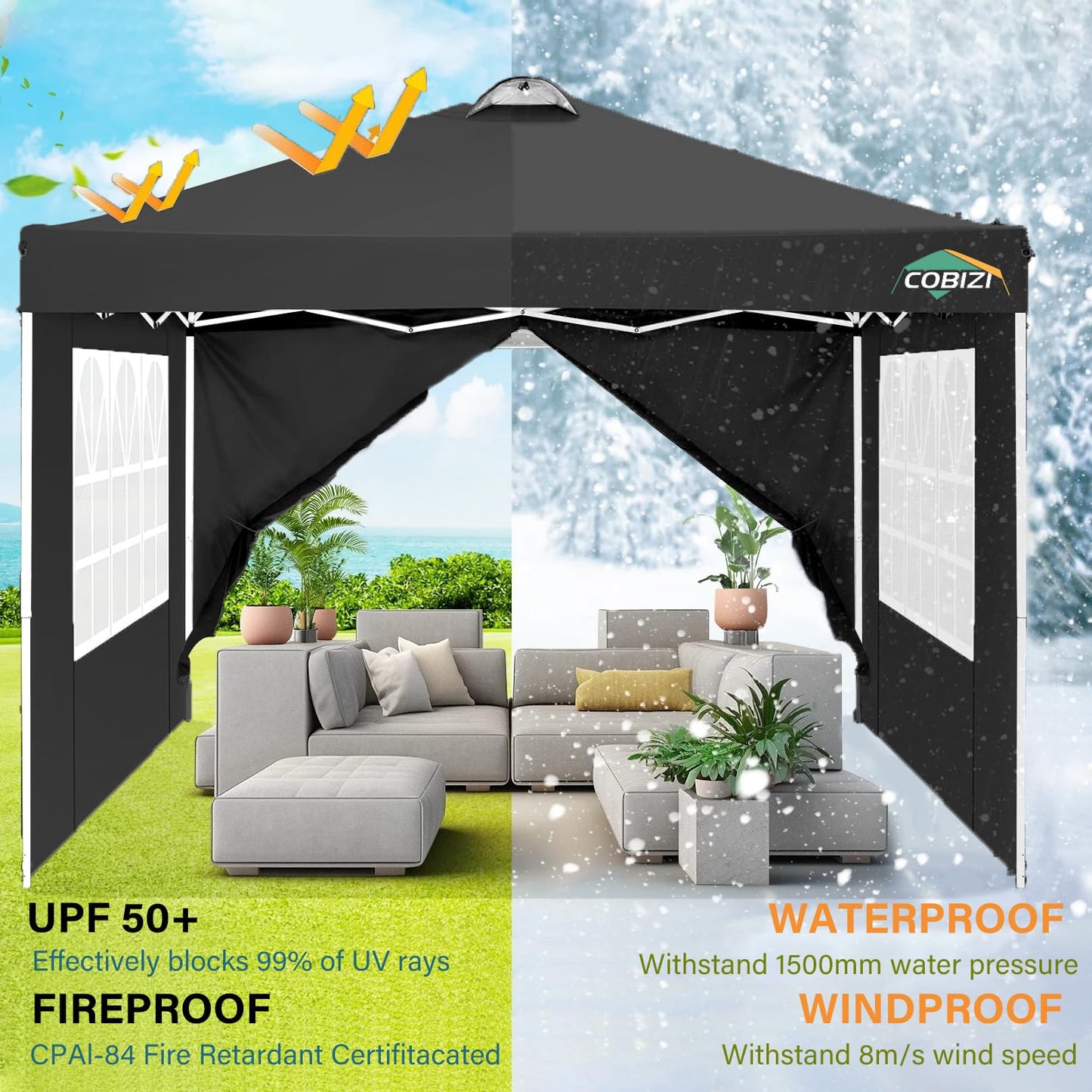 COBIZI 10x10 Pop Up Canopy Tent, One Push Outdoor Gazebo with 4 Removable Sidewalls & Air Vent, Waterproof Commercial Easy Up Adjustable Canopy with 4 Sandbags, 4 Stakes & 8 Ropes for Party,Black