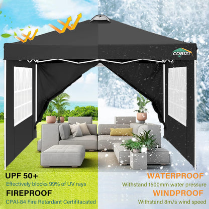 COBIZI 10x10 Pop Up Canopy Tent, One Push Outdoor Gazebo with 4 Removable Sidewalls & Air Vent, Waterproof Commercial Easy Up Adjustable Canopy with 4 Sandbags, 4 Stakes & 8 Ropes for Party,Black