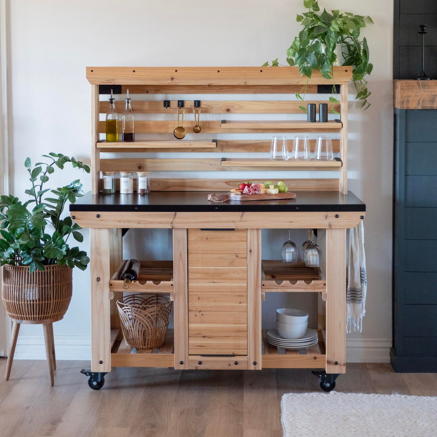 Backyard Discovery 48" Cedar Wood Buffet Hutch Serving Station with Galvanized Steel Countertop, Wine Rack, Wine Glass Rack, Trash Bin, Modular Shelves, Towel Bar, Drink and Food Prep, Indoor/Outdoor