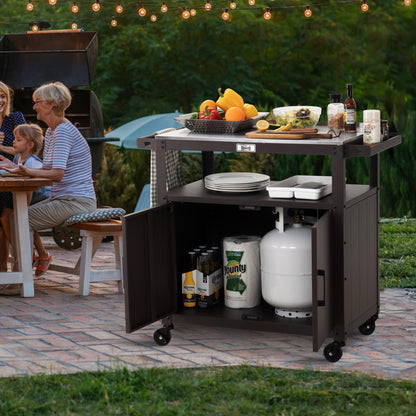 Feasto Outdoor Grill Cart with Stainless Steel Tabletop and Storage Cabinet, Movable Kitchen Island with Wheels for BBQ Food Prep, Brown