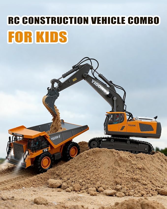 HuiJuKeJi 11-Channel Remote Control Excavator Toy Rechargeable 2.4 GHz RC Construction Vehicle for Kids 680° Rotation | Metal Shovel | Lights &amp Sounds for Boys Ages 6-12