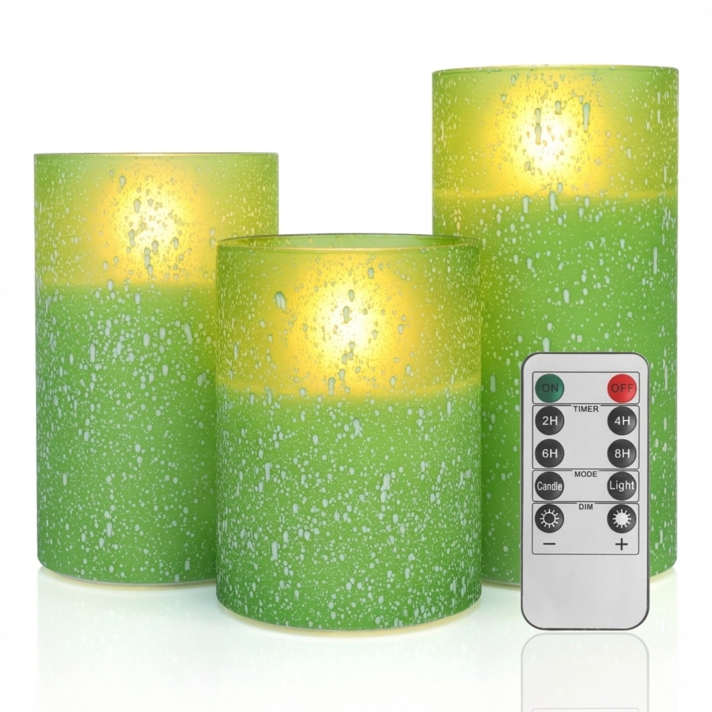 COVEGE Green Flameless Candles with Remote, Glass Flickering Battery Operated LED Pillar Candles with Timer, Real Wax, Set of 3 x4/5"/6"