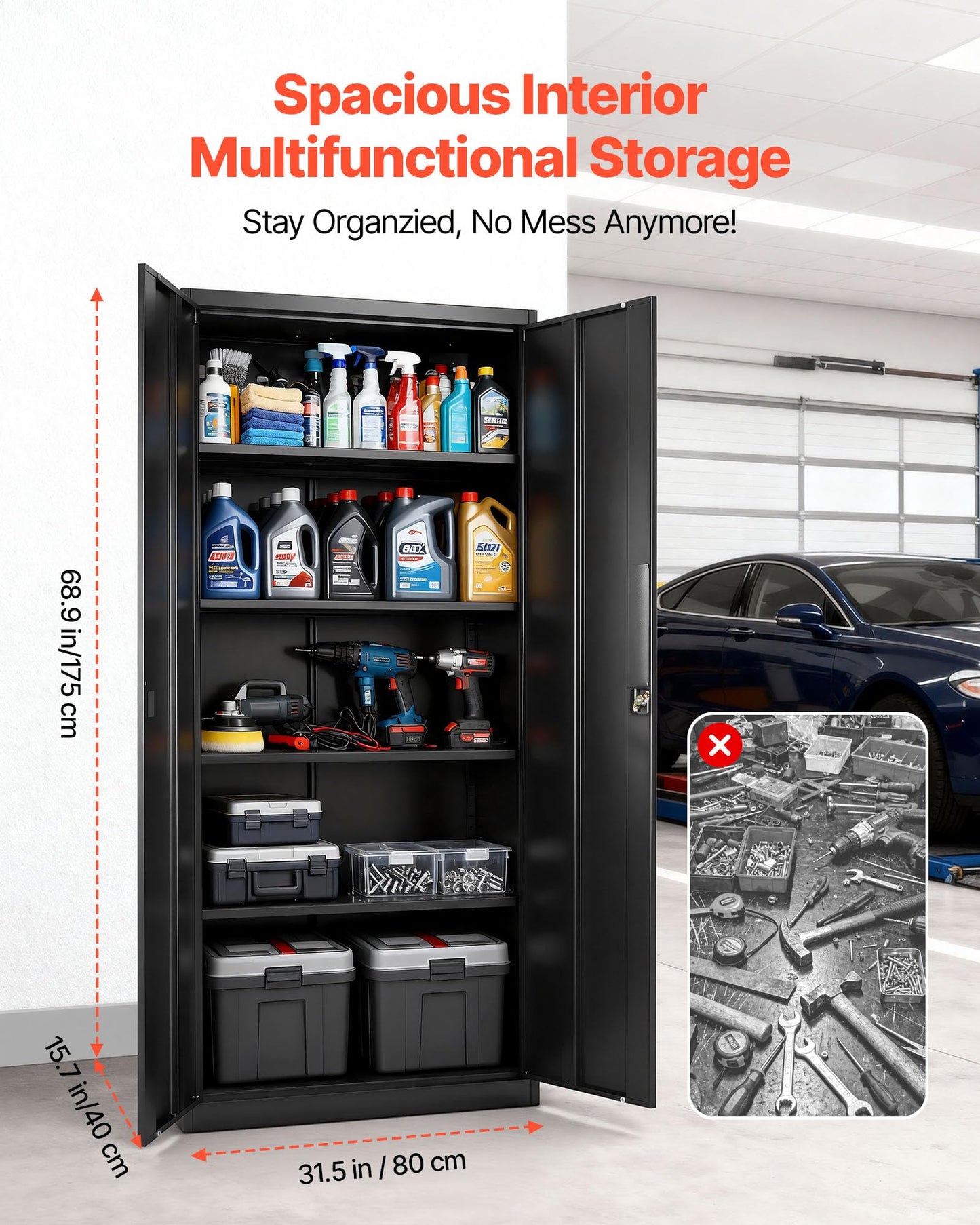 VEVOR Metal Storage Cabinet, Lockable Steel Garage Cabinet with Magnetic Doors and Adjustable Shelves, 2 Keys, 5-Tiers Tall Tool Locker for Home, Office, School, Pantry, Warehouse, Laundry, Black