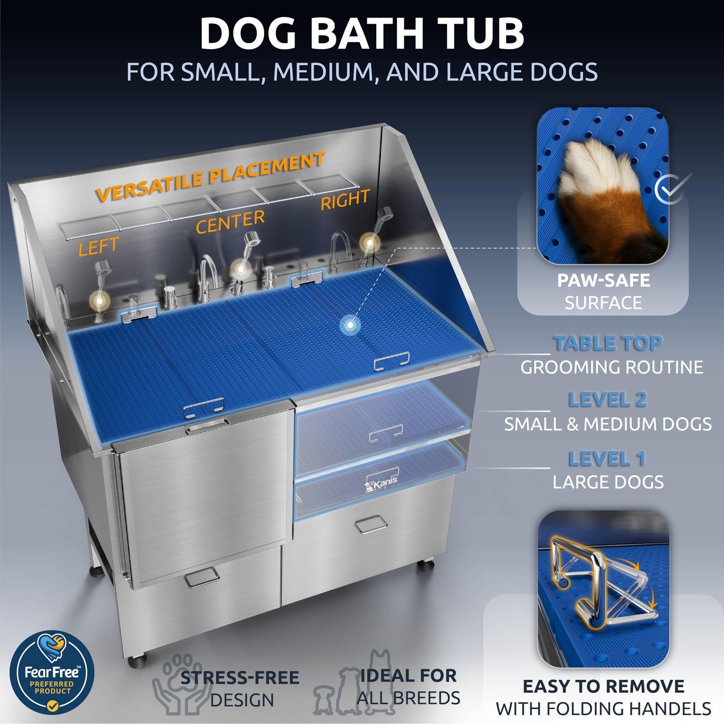 KANIS Professional Dog Washing Station 304 Stainless Steel Pet Wash Sink & Grooming Bathtub w/Shower, Floor Grates and Storage for Large, Medium & Small Pets (Silver, 50 Inches, Left Ramp, 2 Drawers)