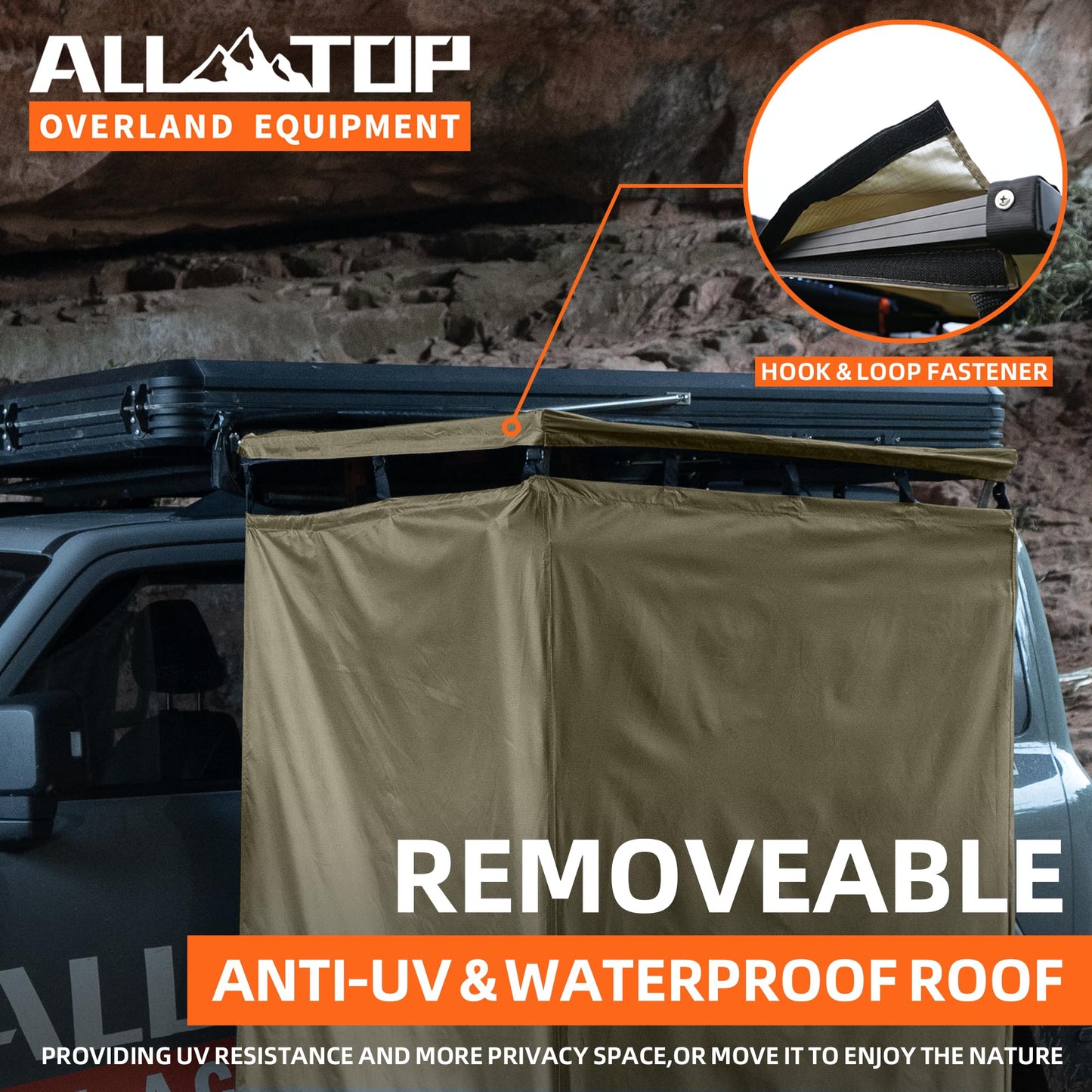 ALL-TOP Awning Shower Room w/Foldable Floor Mat, 3.3ft x 3.3ft, Privacy Shelter Restroom w/Roof, LED Light, Drain Pipe, Carside Bathroom